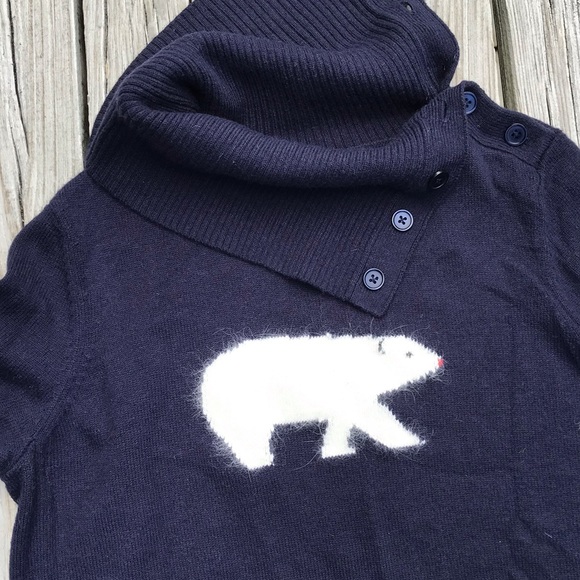 Ladies TALBOTS Navy Intarsia Polar Bear Sailor Button Wide Cowl Neck Sweater P M - Picture 3 of 8